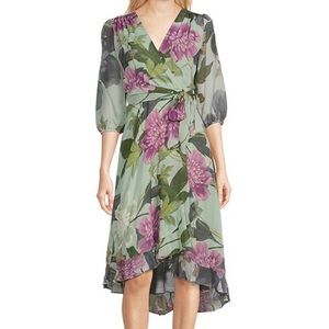 Maison Tara Floral Surplice V-Neck 3/4 Sleeve Tie Waist Faux Wrap Dress Sz 12
